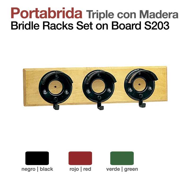 Suporte para rédeas triplo com base de madeira clara e três apoios circulares pretos.