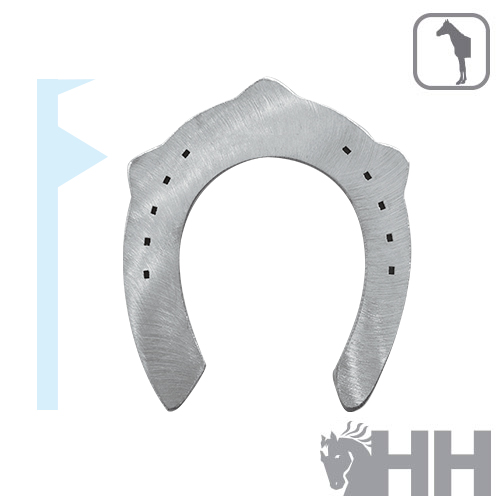 Ferradura metálica prateada com furos pretos e textura escovada