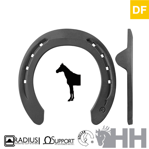 Ferradura preta com vários logos em fundo branco