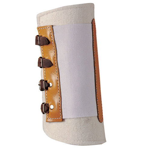 Proteção para canela branca com tiras de couro castanho e faixa elástica cinzenta