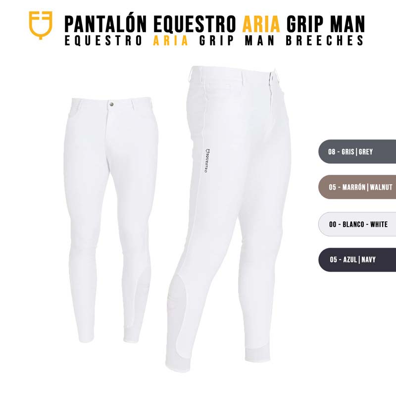 Calças brancas de equitação Pantalón Equestro Aria Grip Man em fundo branco