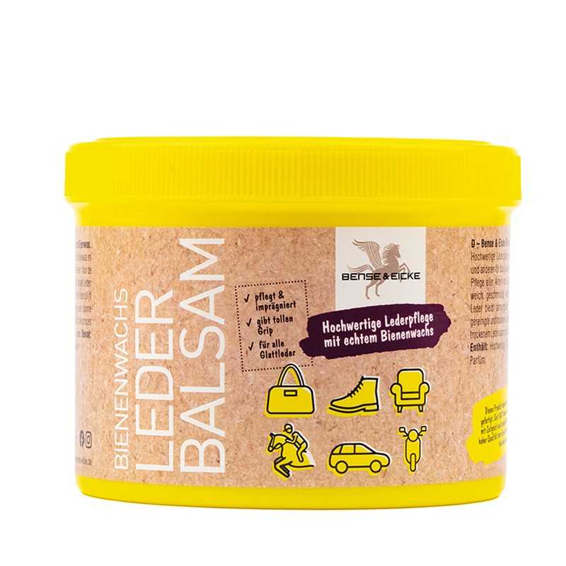 Frasco amarelo de cera para couro Bense & Eicke com texto em alemão e ícones amarelos de uso