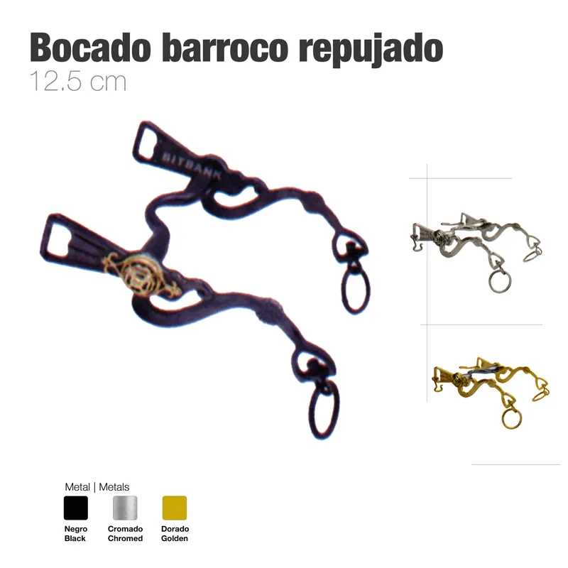 Três estribos barrocos metálicos em preto, cromado e dourado, com detalhes decorativos e texto explicativo