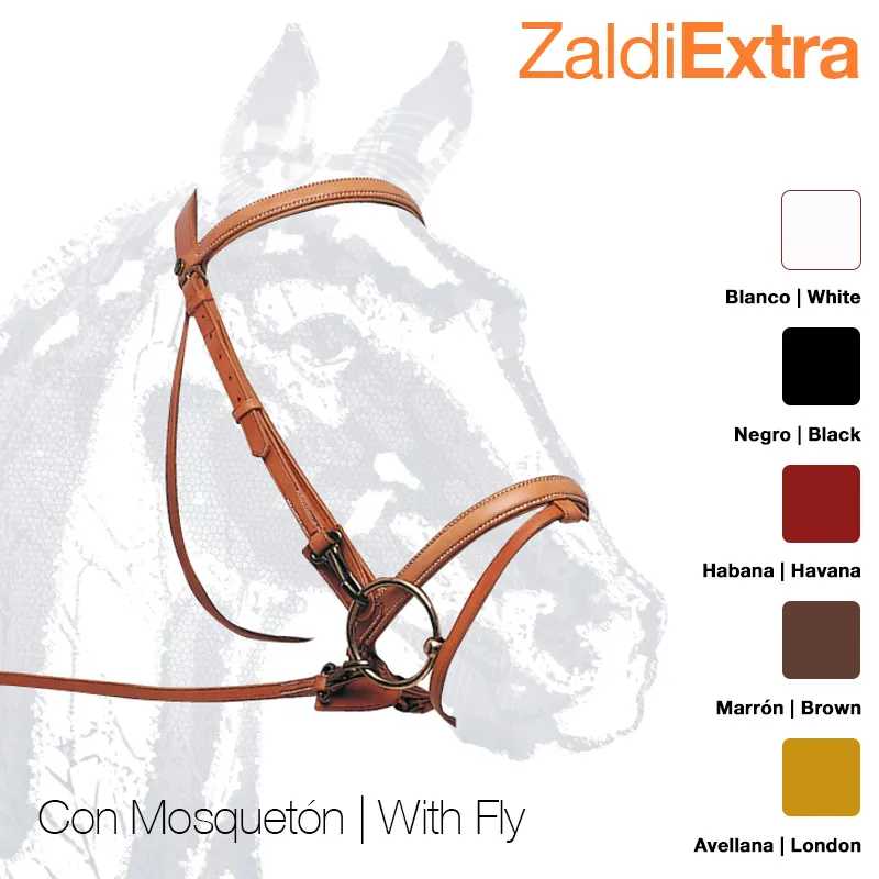 Embocadura para cavalo ZaldiExtra em couro castanho claro demonstrada com texto de especificações e paleta de cores.