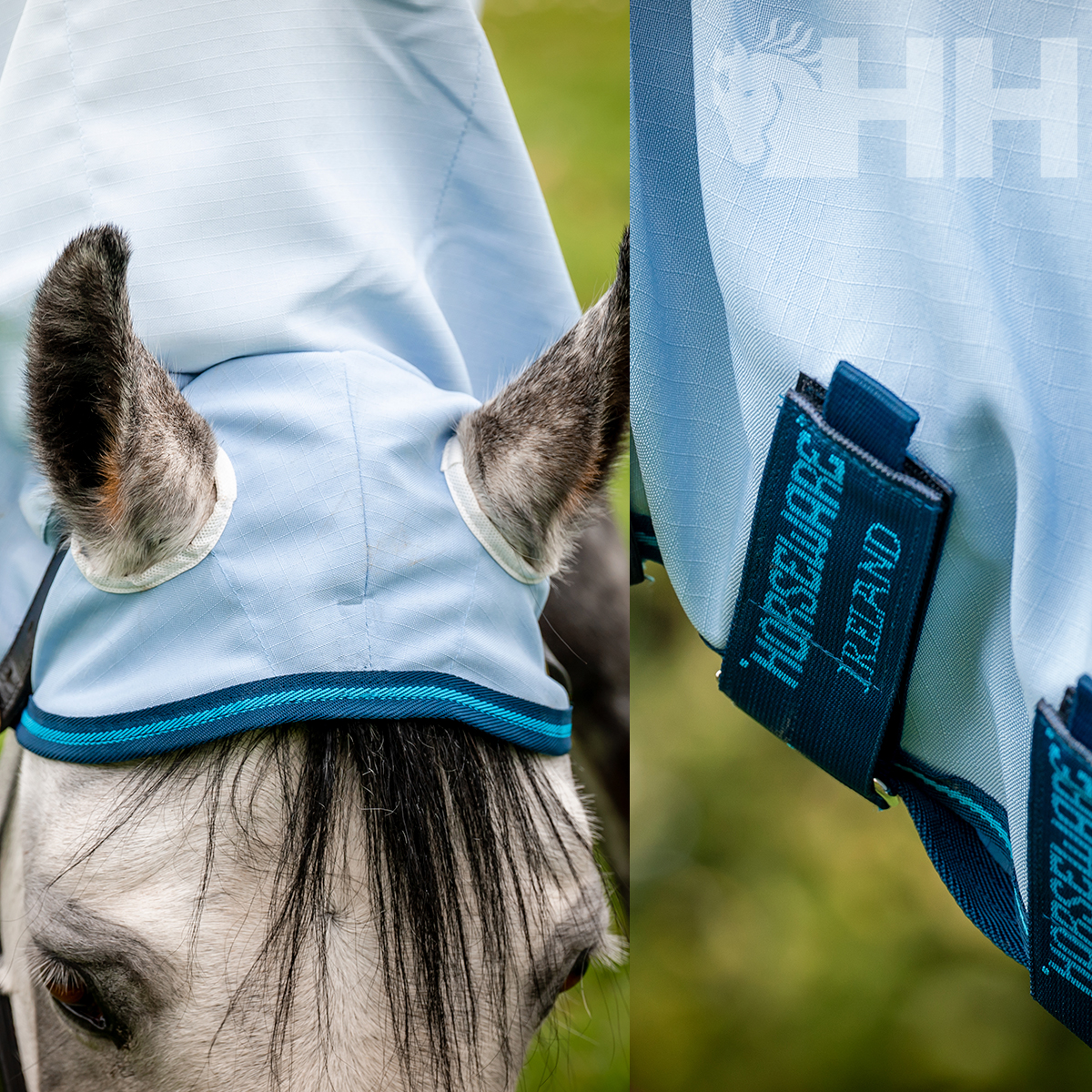 Cavalo com manta azul clara e detalhe de faixa com texto HORSEWARE IRELAND