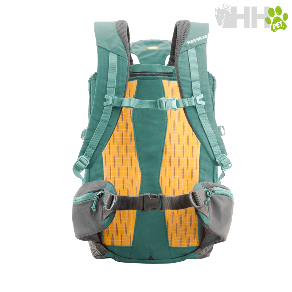 Mochila verde com detalhes amarelos e cinzentos vista de trás