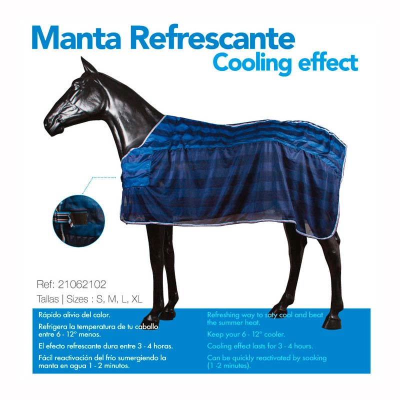 Manta refrescante azul para cavalo com texto explicativo e modelo de cavalo preto