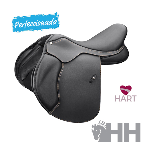 Sela de equitação preta com textos Perfeccionada, HART e logo HH