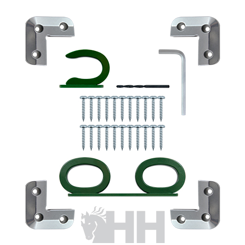 Conjunto de acessórios metálicos e plásticos verdes para montagem