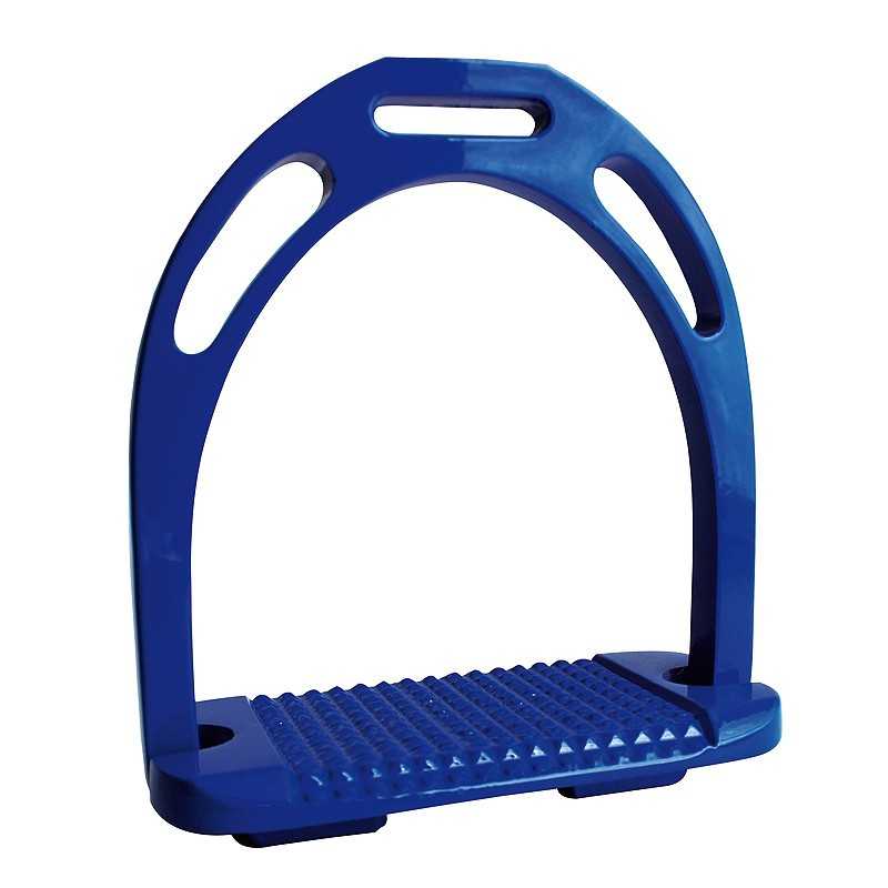 Estribo azul para equitação com base antiderrapante e laterais com orifícios alongados.