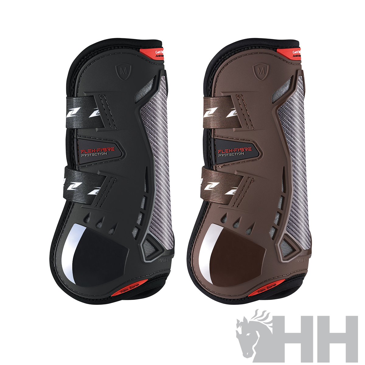 proteções para equitação preto e castanho com fechos de velcro