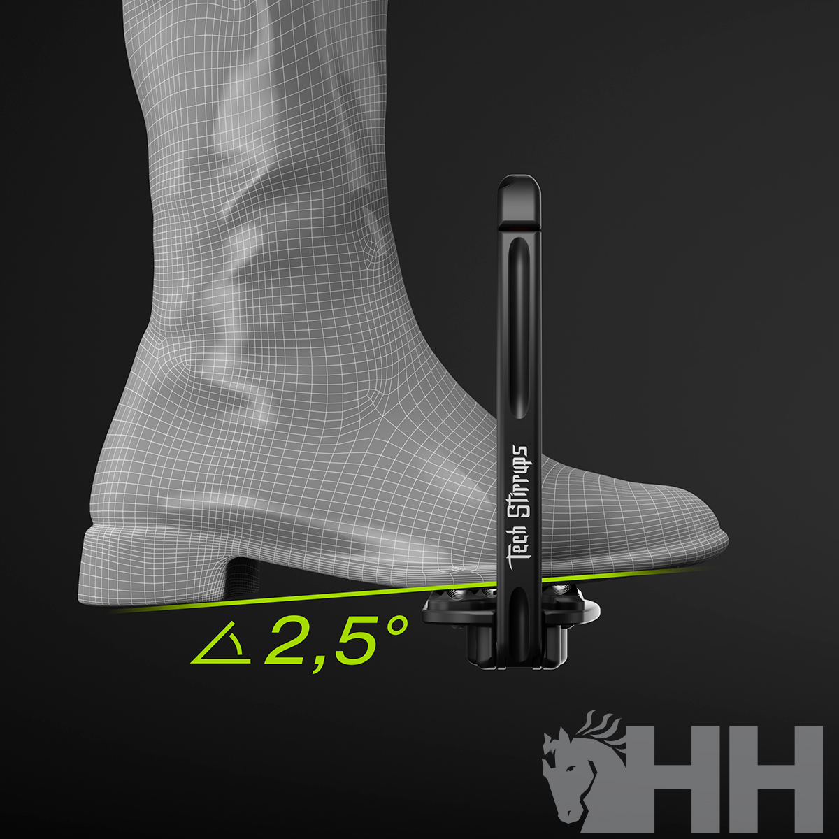 Pé em sapato sobre estribo preto com inscrição Tech Stirrups em fundo preto