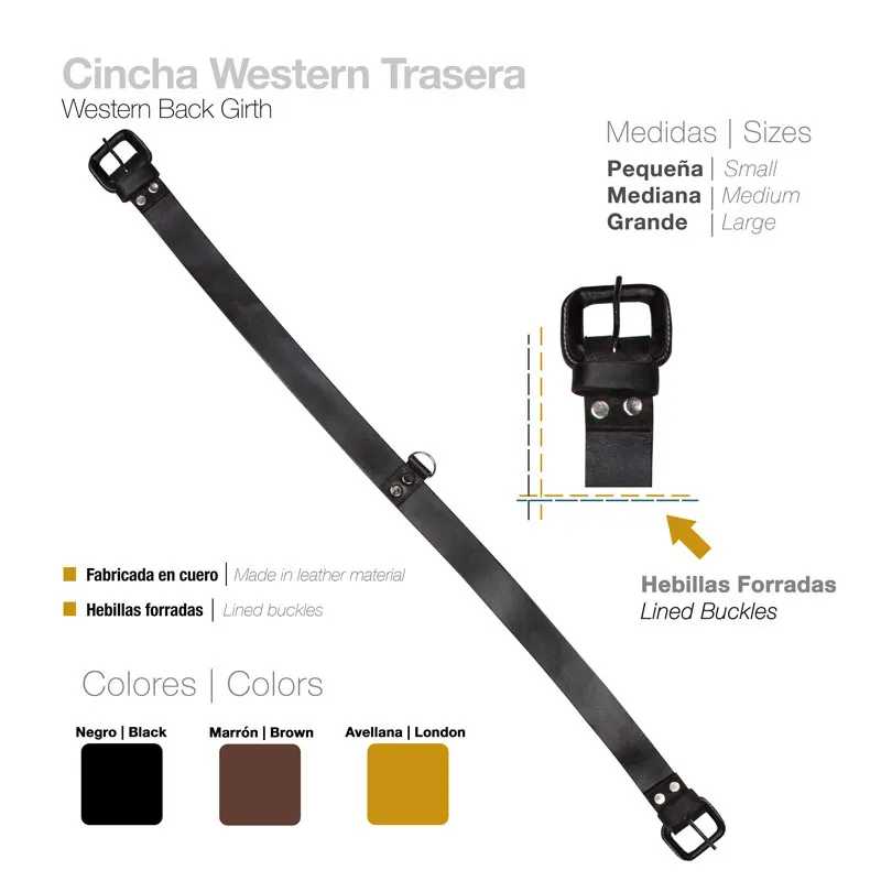 Cincha western traseira em couro preto com fivelas forradas