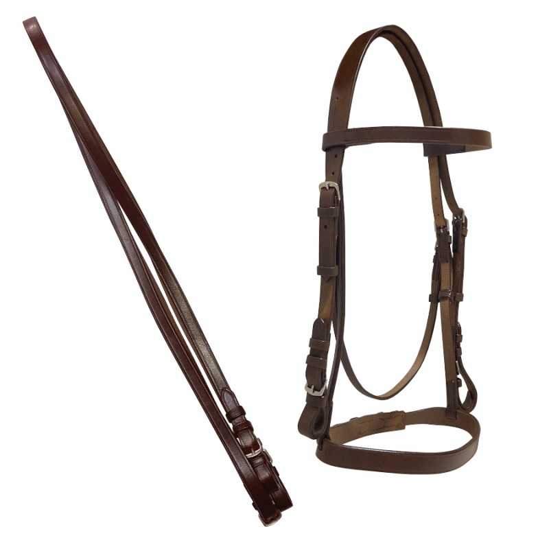 Bridão e rédeas de cabedal castanhas para cavalo
