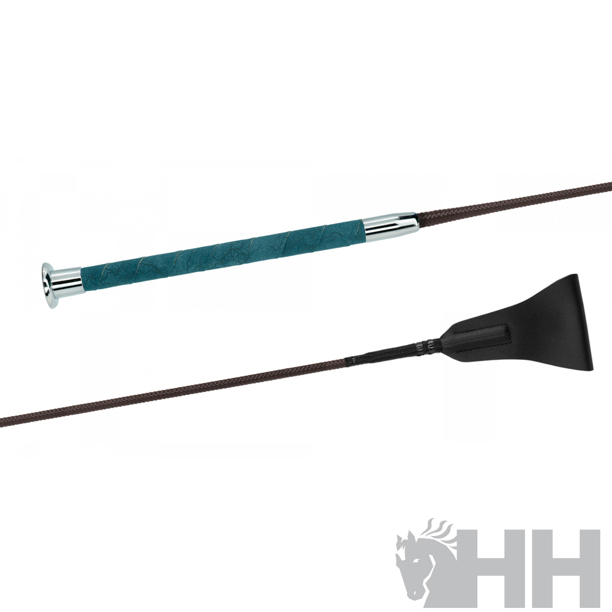 Vareta de equitação azul e castanha com ponteira preta