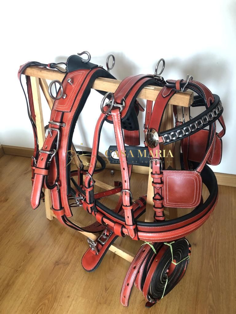 Conjunto de arreios de pele castanha com detalhes metalizados e estrutura de madeira