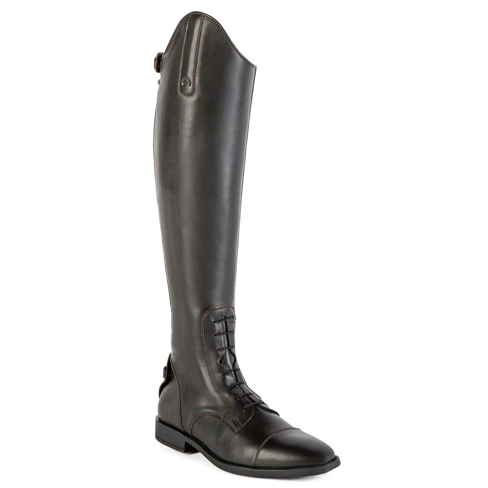 Bota de couro castanha escura, cano alto, atacadores, sola preta