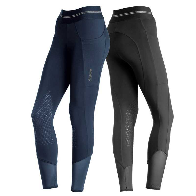 Duas leggings desportivas, azul escuro e preto, com bolsos e textura perfurada nos joelhos