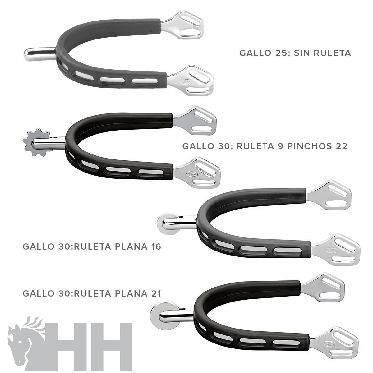 Quatro esporas metálicas pretas com desenhos diferentes e texto em fundo branco