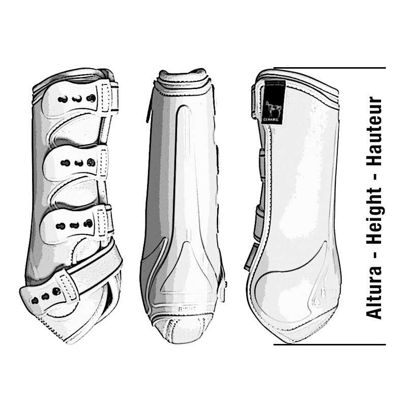 Braçadeira de proteção de equitação vista de três ângulos com fechos de velcro e texto Altura/Height/Hauteur