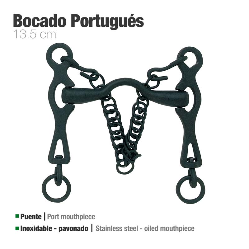 Freio Bocado Português 13.5 cm em aço inoxidável pavonado com correntes e argolas