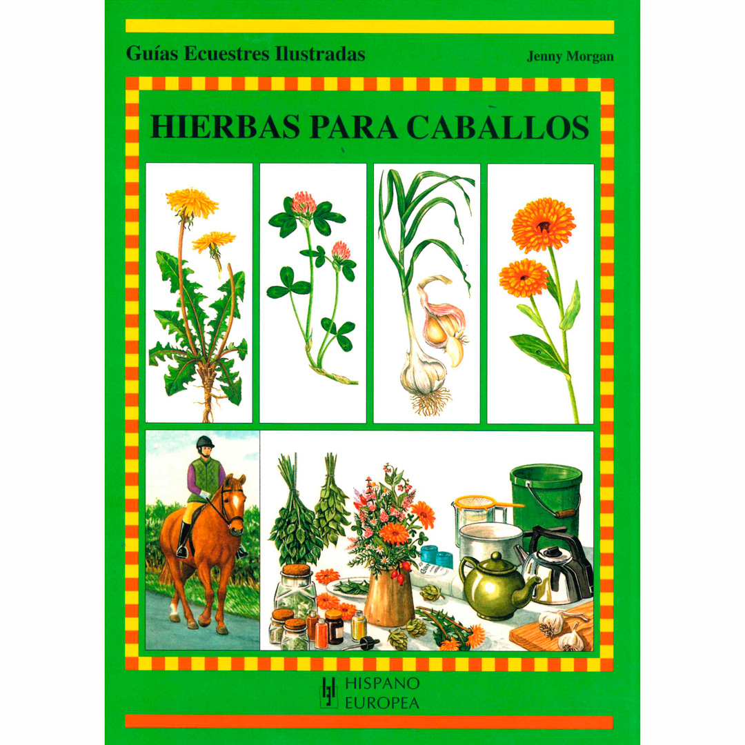 Capa de livro verde com título Hierbas Para Caballos e ilustrações de plantas e cavalo.