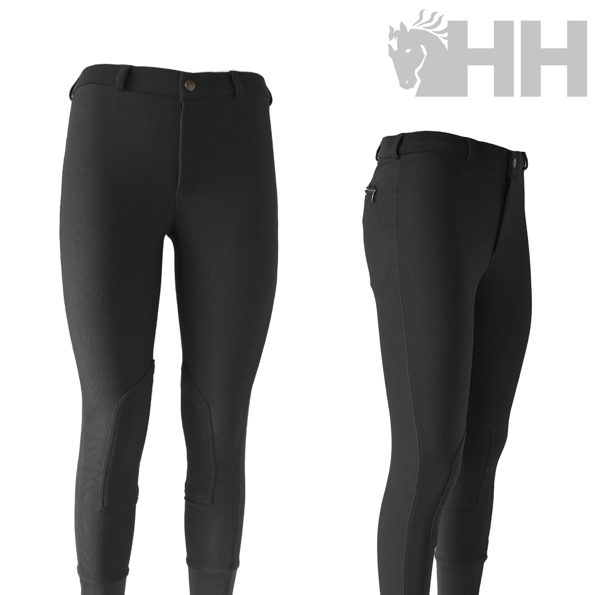 Calças justas pretas de equitação com reforços e cintura com botão