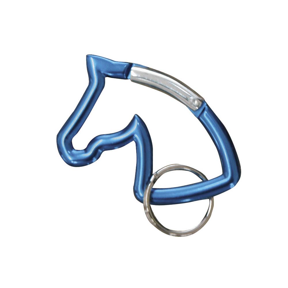 Porta-chaves azul em forma de cabeça de cavalo com argola metálica prateada.