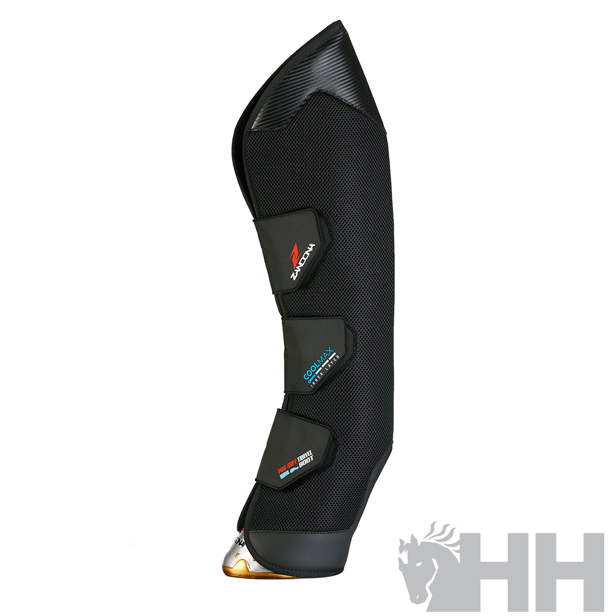 Protetor para perna de cavalo preto com fechos de velcro e etiquetas visíveis em fundo branco.