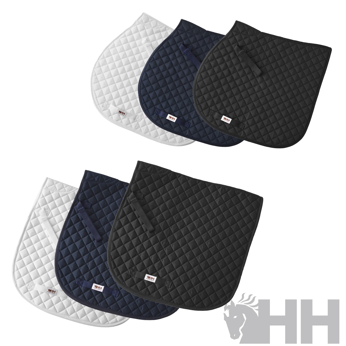 Mantais de sela de cavalo acolchoados em branco, azul escuro e preto com etiqueta HH