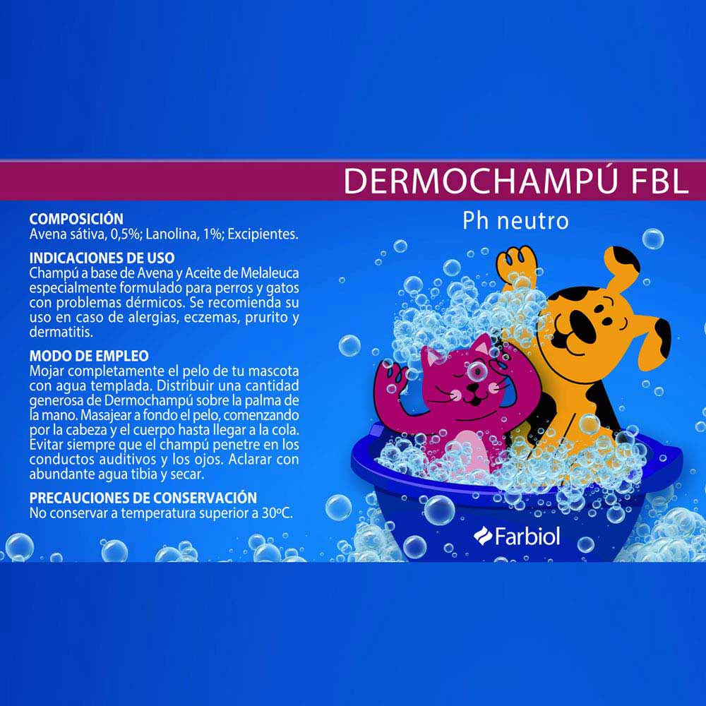 Rótulo de champô para cães e gatos com cão e gato desenhados na banheira de espuma.