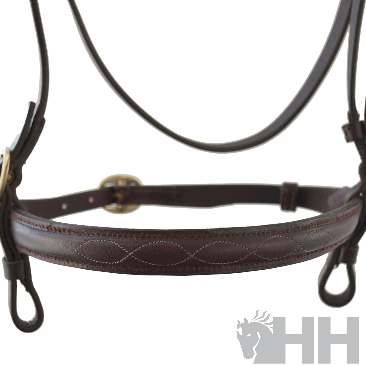 Freio de cavalo em couro castanho escuro com costuras decorativas