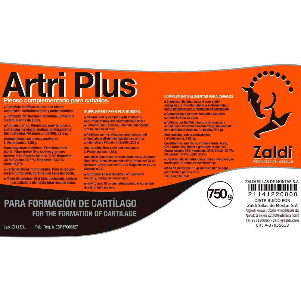 Embalagem do suplemento Artri Plus para formação de cartilagem em cavalos com design em laranja e preto