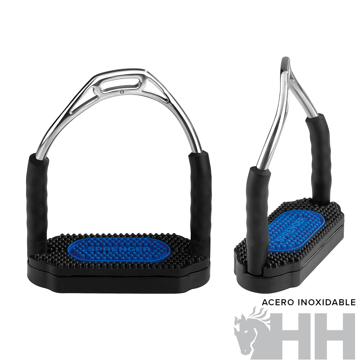 Estribos para equitação em aço inoxidável com base antiderrapante preta e azul