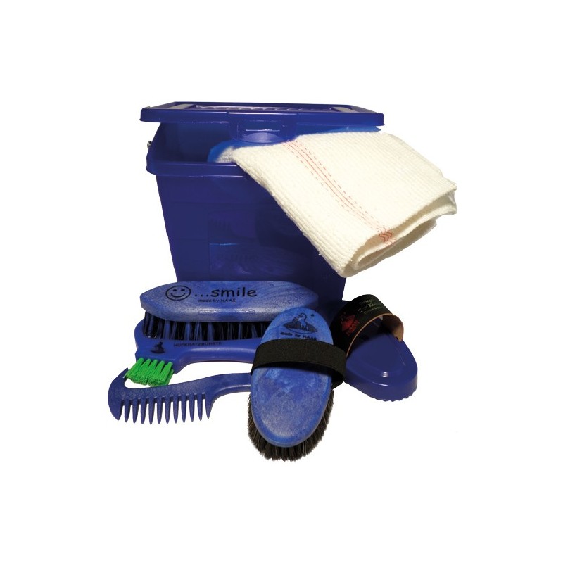 Conjunto de limpeza azul com balde, escovas e toalha branca