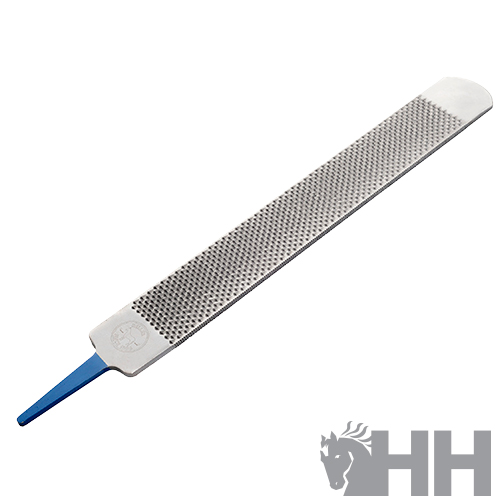 Lima metálica para unhas com cabo azul e textura granulada