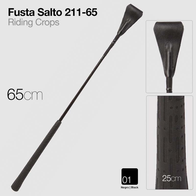 Fusta de equitação preta com punho texturizado e extremidade larga