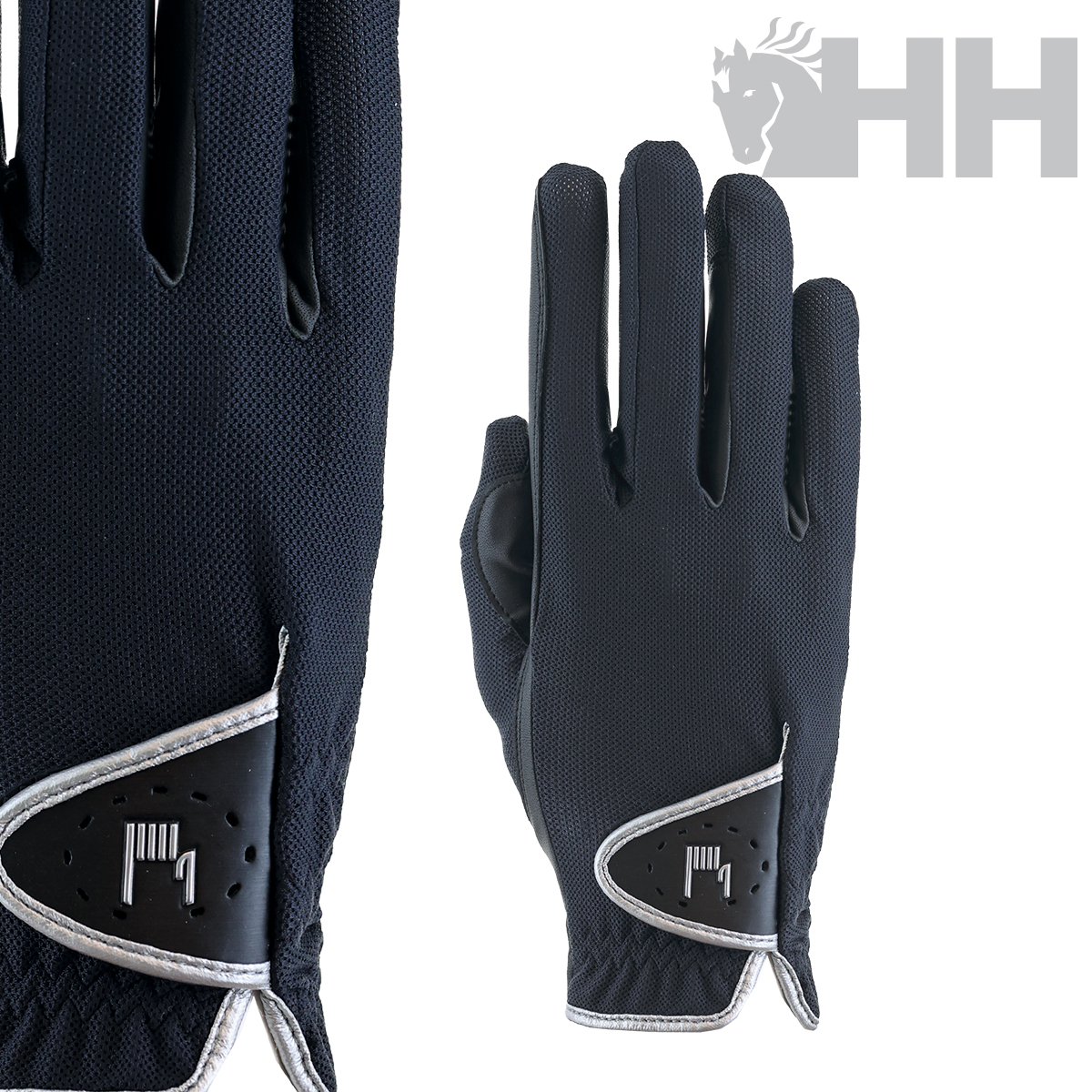 Luvas pretas com punho ajustável e detalhe branco