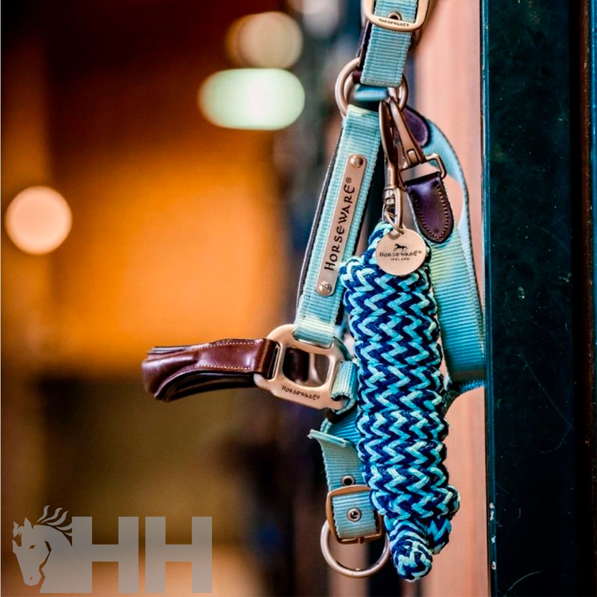 Conjunto de acessórios para cavalo azul e castanho pendurado