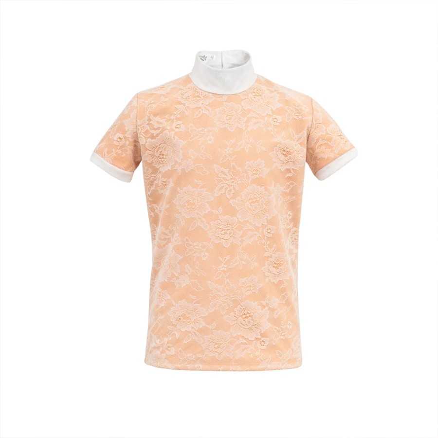 Camisola de manga curta pêssego com padrões florais e gola branca