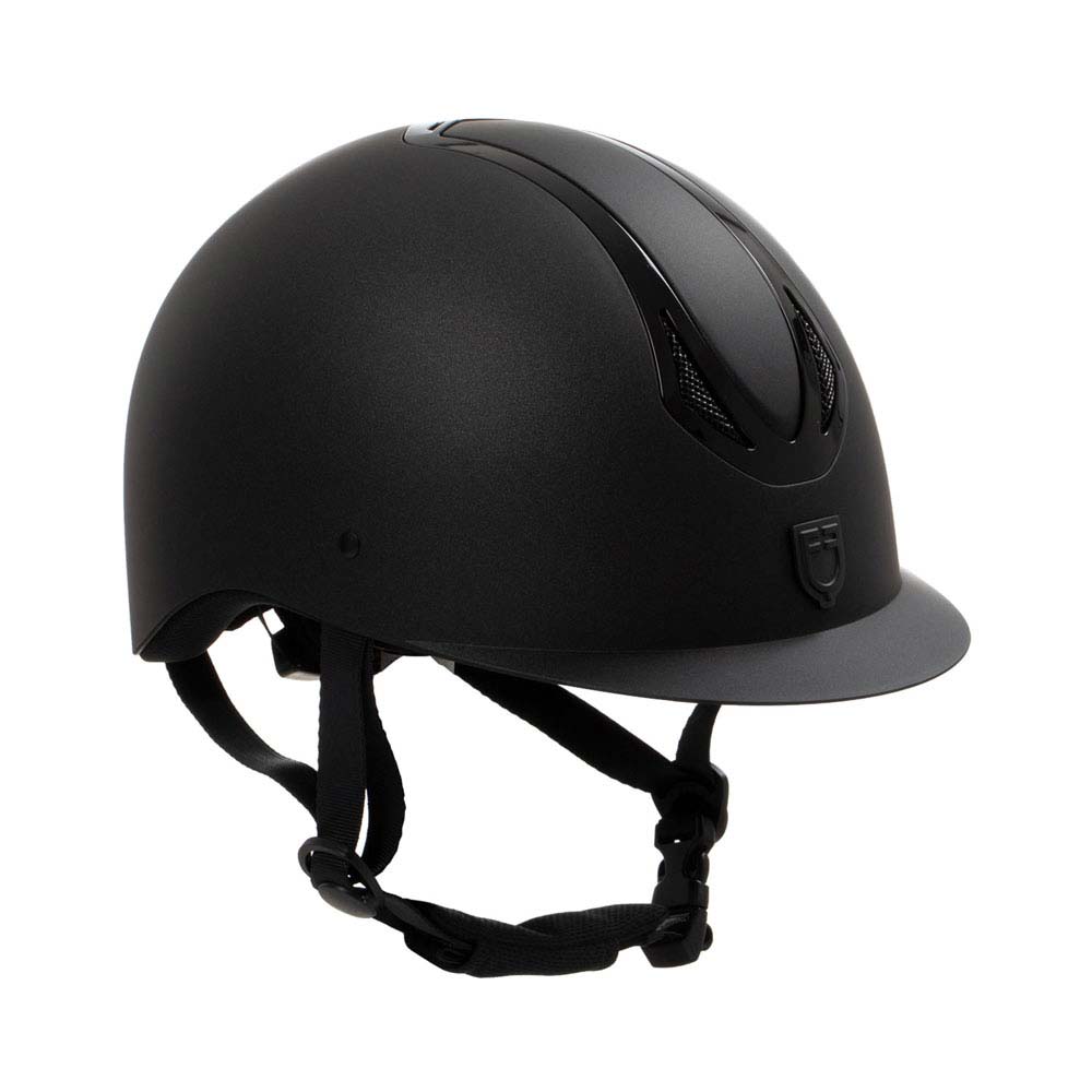 Capacete de equitação preto com viseira e arnês ajustável