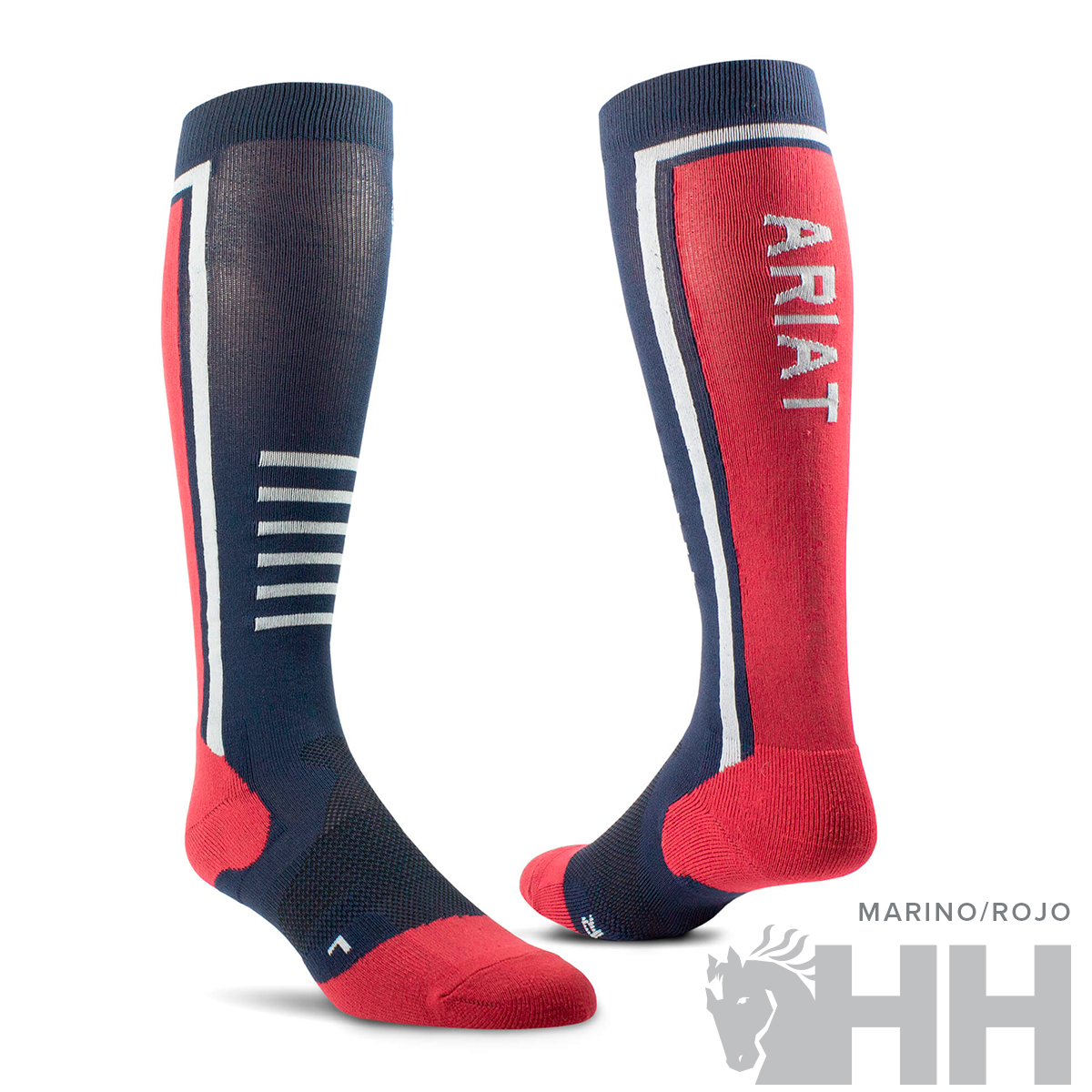 Meias altas esportivas azul-marinho e vermelho com texto ARIAT