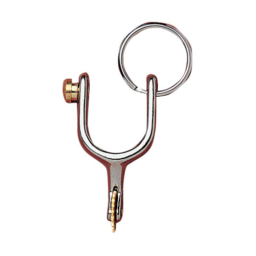 Chaveiro metálico em forma de U com parafuso dourado, argola prateada, fundo branco