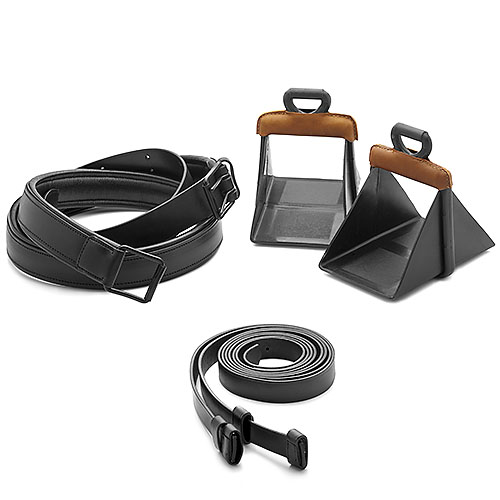 Conjunto de acessórios em couro preto com detalhes castanhos sobre fundo branco