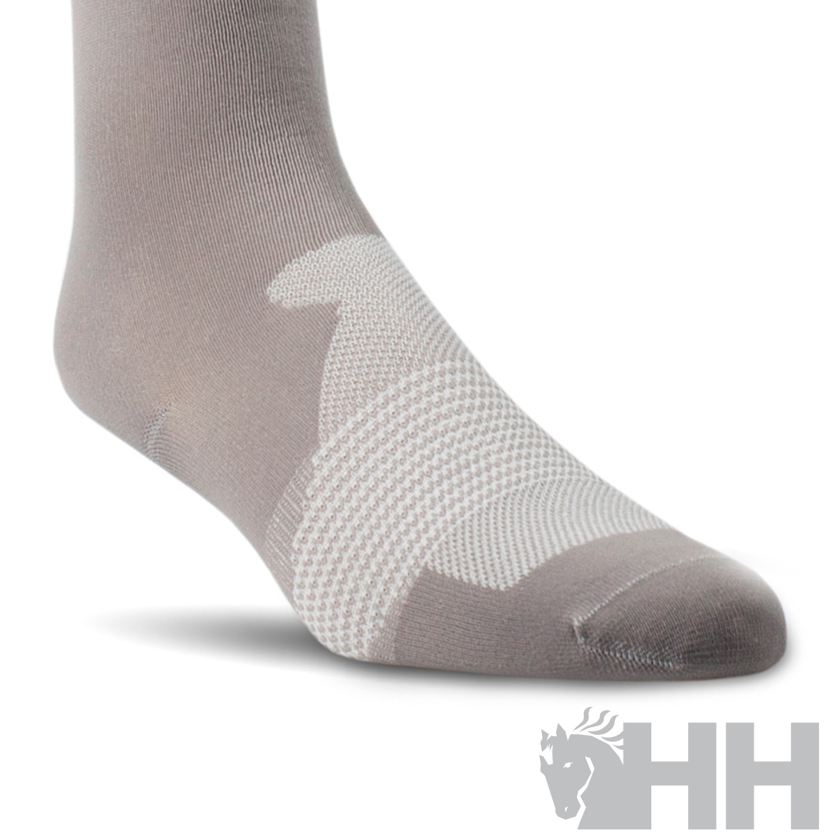 Meia cinza com padrões claros e logótipo HH no canto