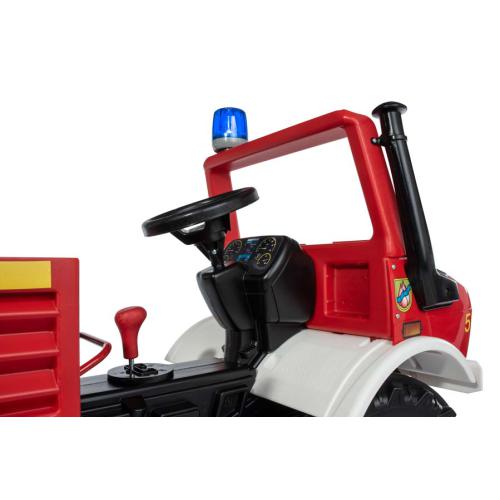 Tractor de brinquedo vermelho e branco com volante e detalhes coloridos