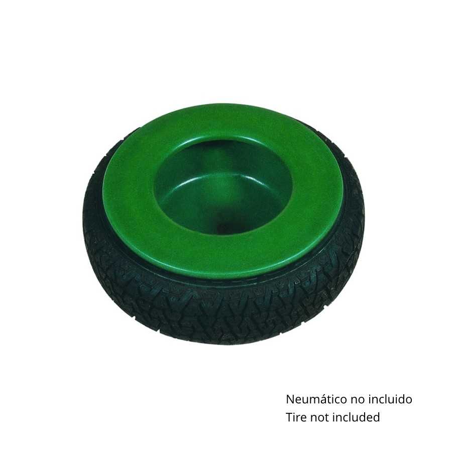Suporte verde circular sobre pneu preto com texto Neumático no incluido Tire not included