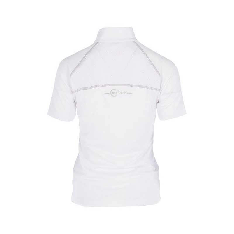 Camisola branca de manga curta com gola alta e costuras cinzentas