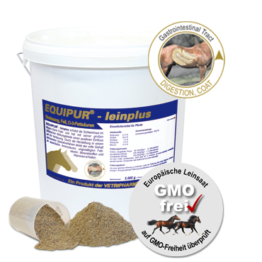 Balde de suplemento EQUIPUR - leinplus para cavalos com rótulo azul e branco.