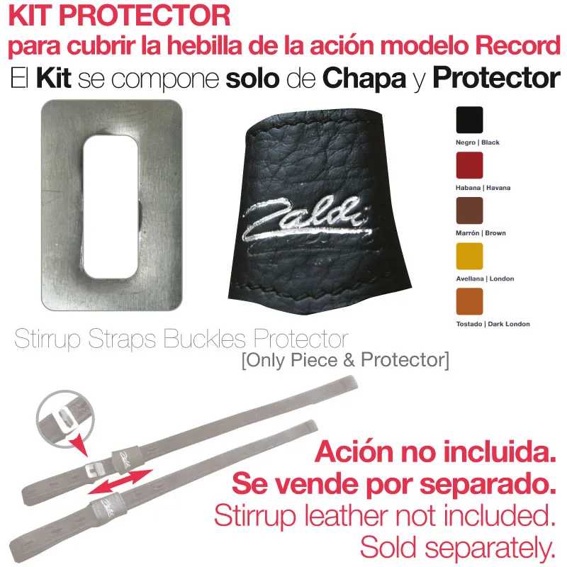 Kit protector para fivela da ação modelo Record com chapa metálica e protetor de pele preta com texto Caldi em branco
